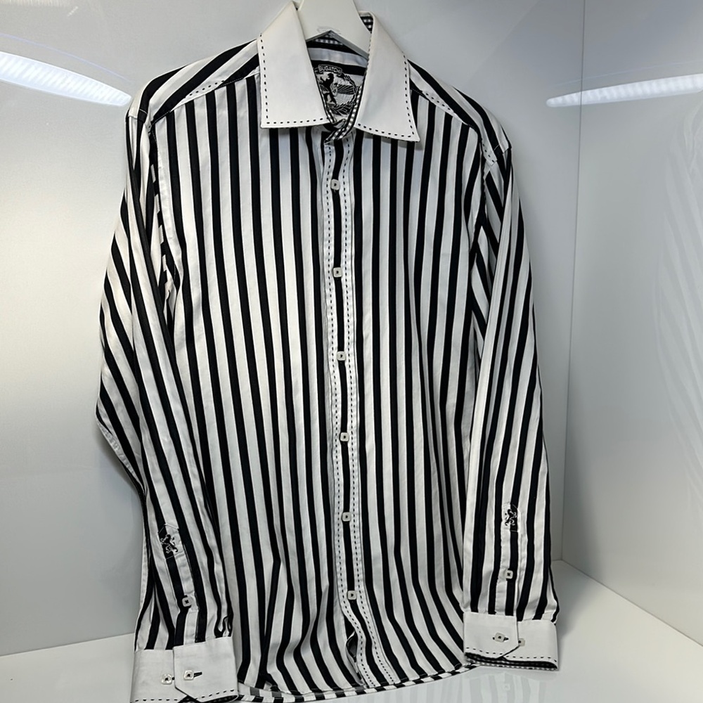 Bugatchi Black and White Striped Dress Shirt